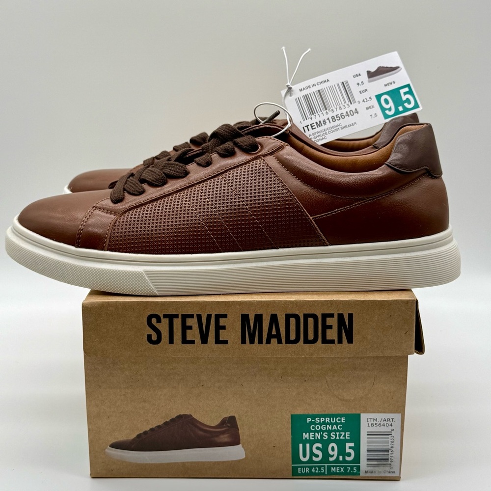 Steve Madden P-Spruce Cognac Brown Leather Low Top Sneakers Size 9.5 | New